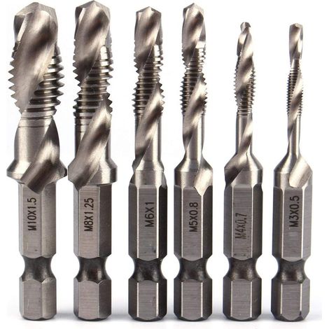 6-piece threaded tap set, metric thread M3-M10, short hexagonal shank fluted tap tip, silver (1/5)
