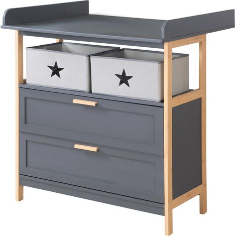 roba Fasciatoio per Bambini con Cassettiera Berlin - con 2 Cassetti - con 2 Scatole in Stoffa - Evolutivo - 1 Vano Aperto - Altezza Ergonomica - Legno di Bambù - Grigio Antracite (1/5)