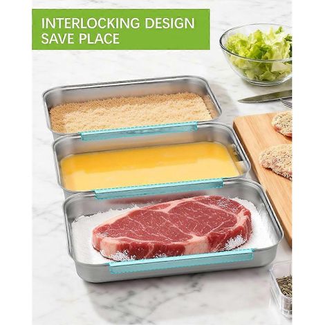 Breading trays de 3 interlocking acier inoxydable plateau pour chicken fish ou meat deep dredging trays pour breading (1/5)