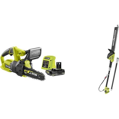 Tronçonneuse compacte 20 cm + Taille-Haie Électrique sur Perche Sans Fil à Batterie - Lames 45cm - Livré avec Fourreau, Harnais, Extension, 1 batterie lithium+ 18V 2,5 Ah et 1 chargeur 1,5 A (1/5)