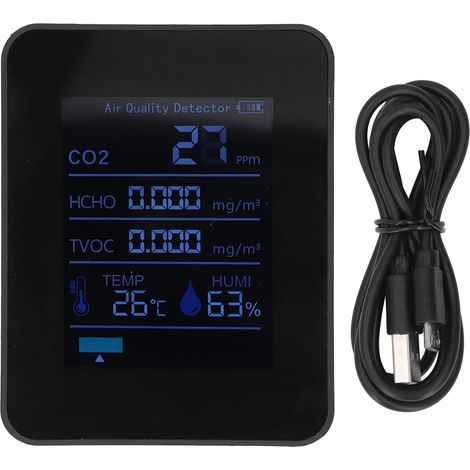 Détecteur de CO2 5 en 1 avec thermomètre et hygromètre - ABS, 1500mAh, pour maison et bureau, noir (1/5)