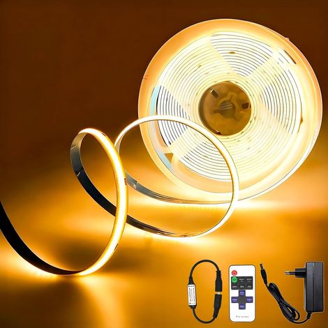 Ruban LED COB 5M, Bande LED Blanc Chaud 3000K, avec Alimentation et Télécommande,24V Dimmable,CRI 93+, Largeur 8mm, pour Chambre, Décoration de la Maison, la Cuisine (1/5)