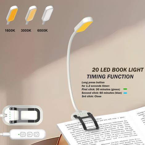 Leselampe mit verstellbarem Clip – Sanfte LED-Beleuchtung für Piano, Bücher und Nacht, 20 LEDs, modernes Design, weiß-cremefarbenes Licht, kabellos, ideal für Studium, Musik und Büro