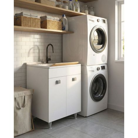 Mobile lavatoio Irene - Con 2 anta e lavatoio - Contenitore salvaspazio per bagno e lavanderia - Bianco - 60 x 89 x 51 cm (1/3)