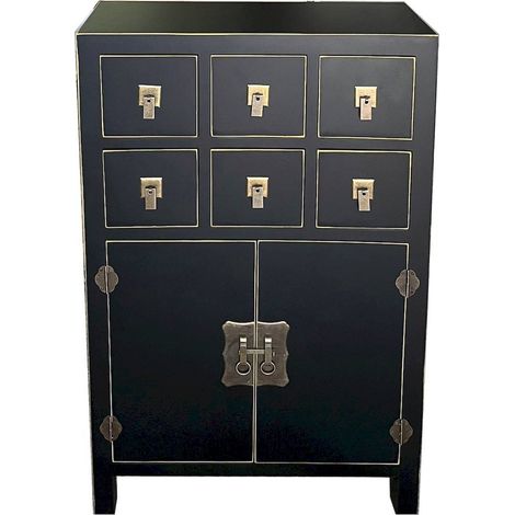 meuble auxiliaire art déco noir métal 6 tiroirs 2 portes élégant - noir mat finition dorée (1/5)