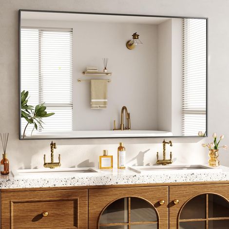 Miroir mural rectangulaire 120 x 75 cm cadre aluminium doré, incassable pour salle de bain, chambre à coucher, salon (1/5)