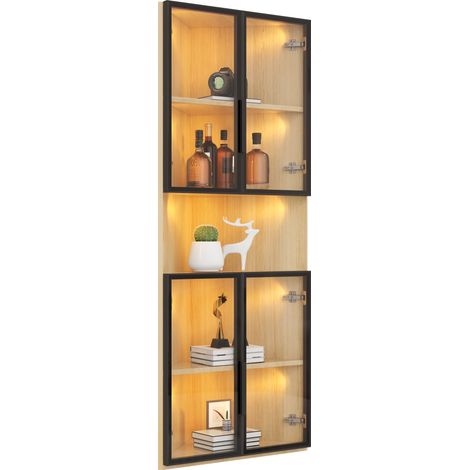 Vitrine d’angle en verre trempé 62x32x160 cm avec éclairage LED intégrée et finition chêne (1/5)