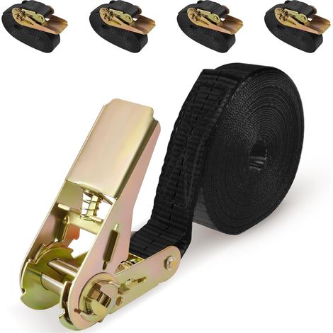 Sangle à Cliquet, 4PCS 6M x 25mm Sangles d'arrimage Kit de Fixation avec Verrouillage à Clip, pour Moto, Voiture, Porte Vélo, Bagages, Supportant Une Charge Maximale Totale de 1000 kg (Noir) (1/5)