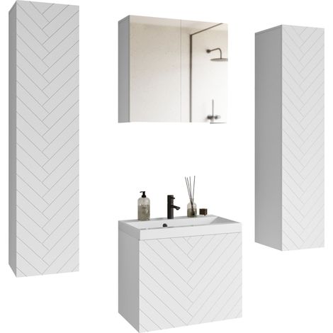 Ensemble de meubles de salle de bain NICEA XL, jeu de meubles de salle de bain, lavabo inclus, couleur blanc chevrons (1/4)