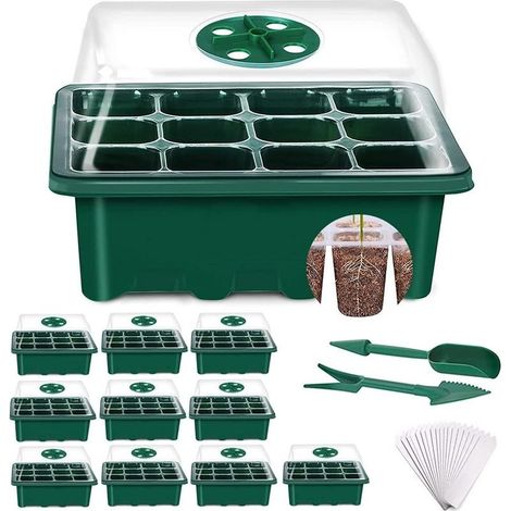 Mini seedling greenhouse, 10 pieces – 120 cells, 3.7x3.7x5.5 cm – Durable 0.8 mm PVC – With adjustable lids and drainage holes (1/5)
