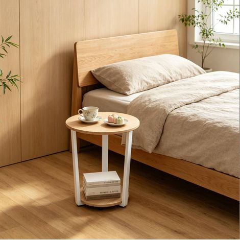 Mesa auxiliar redonda 50x50x53 cm blanca y roble claro en metal y madera con 2 estantes (1/4)