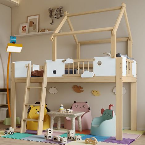 Lit mezzanine enfant 90x200 cm en bois avec toit, garde-corps, échelle 3 marches, sommier inclus, sans matelas, blanc naturel (1/5)