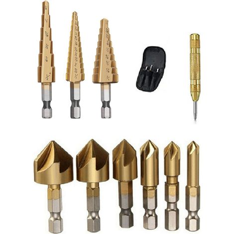 Coffret de 11 forets étagés en acier rapide avec poinçon central automatique à ressort et sac de rangement pour bois, métal et plastique (1/5)