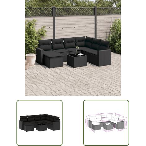 The Living Store Salon de jardin 8 pcs avec coussins noir résine tressée - Ensemble Salon De Jardin - Meuble De Jardin - Résine Tressée - Rotin Synthétique - Mobilier D'extérieur (1/3)