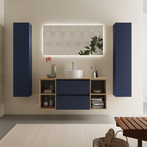 Meuble de salle de bain BEQUIA Plus 120cm Bleu mat /Chêne Vasque à poser Porcelaine Centrale (1/5)