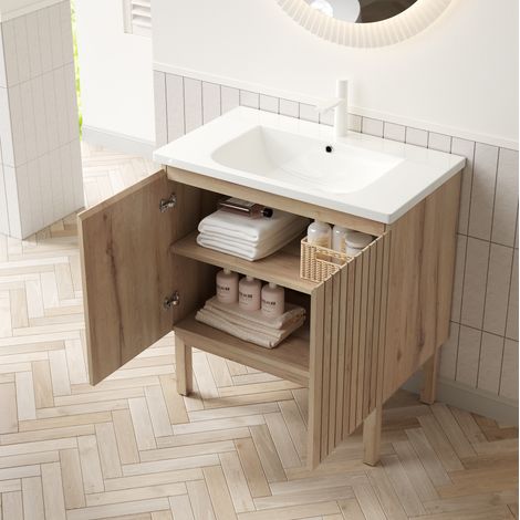 Mueble de baño de pie 80,5 cm con lavabo cerámico, 2 puertas, blanco roble OKMYHOME (1/5)