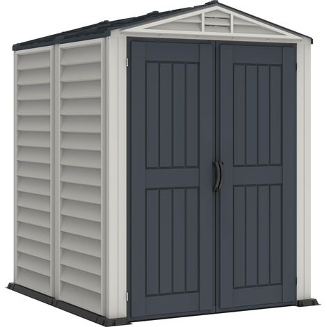 Abri de jardin en plastique avec plancher en plastique robuste, structure de toit en métal robuste, ignifuge et sans entretien, Gris foncé/ Adobe (1/5)