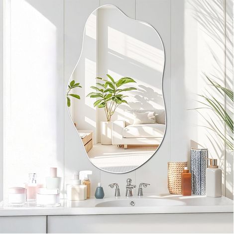Miroir Asymétrique Miroir Mural Irrégulier Moderne Verre Wavy Miroir Forme Organique pour Salon Salle de Bain Entrée Chambre à Coucher (1/5)