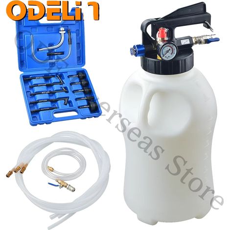Extractor neumático de fluido de transmisión, capacidad de 10 L, incluye 13 adaptadores ATF, mecanismo de doble control, manómetro, construcción duradera. (1/5)