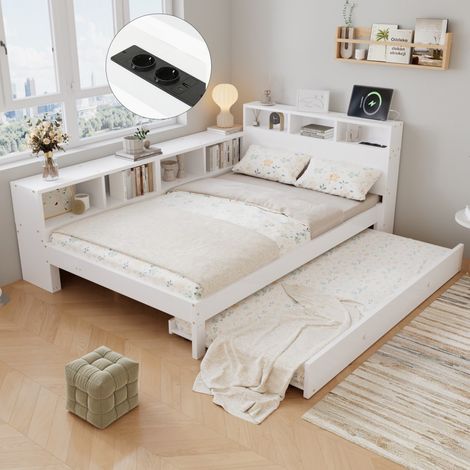 Lit gigogne 120x200+90x190 cm - Lit enfant en bois 120x200 - Lit d'appoint 90x190 étagères latérales et prises - Blanc (1/5)