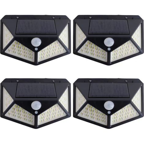Lampe solaire d'extérieur pour jardin, applique murale à détection de présence, 100 LED rechargeables, éclairage domestique et public [100 LED avec trois fonctions], lot de 4 appliques solaires (1/5)