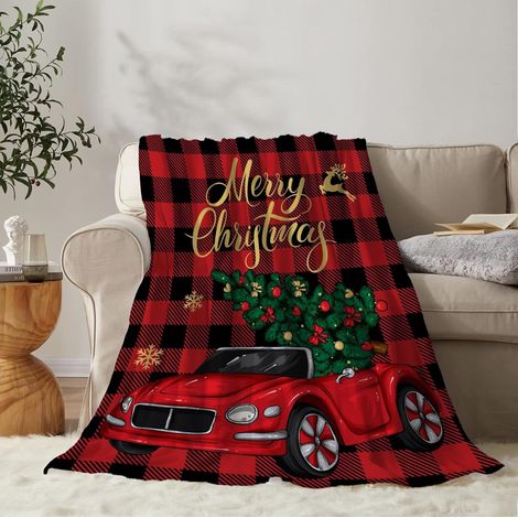 Couverture De Noël - Plaid Rouge À Carreaux Avec Motif Camion De Noël - 152 X 203 Cm - Pour Canapé Lit Ou Extérieur - 1 Pièce (1/5)
