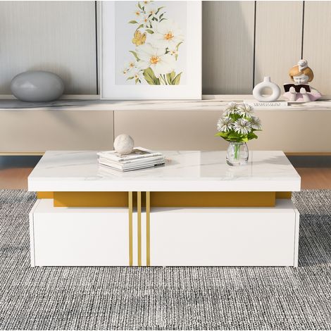 Tavolino Rettangolare 100x50x40 cm, Piano Marmorizzato Lucido, 2 Cassetti Legno, Design Moderno (1/5)