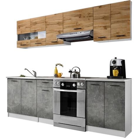 Cuisine Bigo 7 éléments - finition bas BETON haut BOIS 240 cm (1/2)