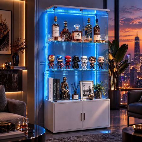 JOOKGBD - Vetrina in Vetro con striscia LED, Vetrina da Collezione, Armadio Vetrina per Collezione con 4 Ante e 3 Ripiani Trasparenti, Mobile in Vetro con Vetro Temperato e Effetto Specchio,Bianco (1/5)