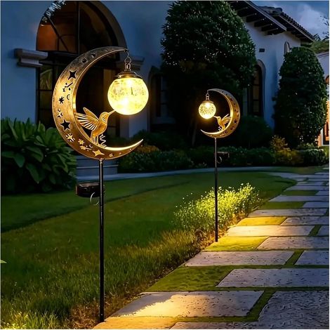 Lot de 2 lampes solaires en forme de croissant de lune avec globe en verre craquelé - Étanche - Pour terrasse, pelouse, cour, jardin (1/5)