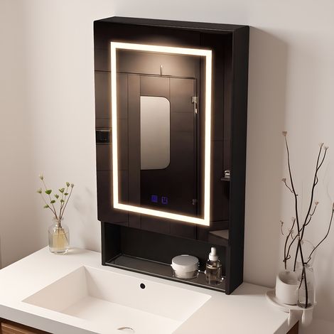 Eintür-Spiegelschrank mit Spiegel und unterer Ablage 50 x 88 cm, Badezimmerschrank mit LED-Beleuchtung, moderner Badspiegel mit Touch-Schalter und 3 Einstellbare Lichtfarben, Beschlagfrei, Schwarz (1/5)