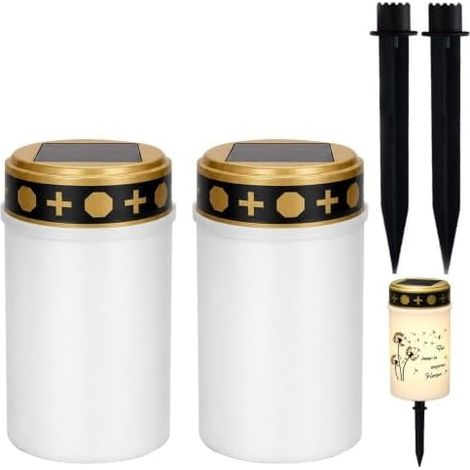 Lot de 2 Bougie Solaire Cimetière LED Étanche Lampe Funéraire lampes funéraires solaires étanches avec capteur crépusculaire, piquets et autocollants pour hommage au cimetière (1/5)