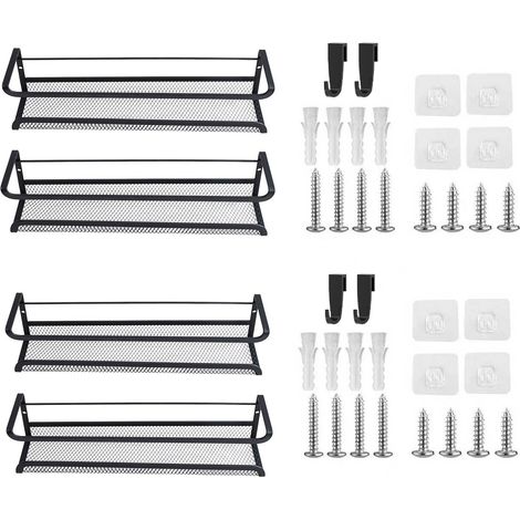 4 Étagères Épices en Métal avec Panier Filet,Etagere Cuisine Murale-Noires,Support Mural Sans Percer,Pour Cuisine,29x7x7cm (1/5)