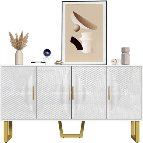 Buffet blanc moderne 150cm 4 portes texturées brillantes poignées dorées étagères réglables enfilade design élégant (1/5)