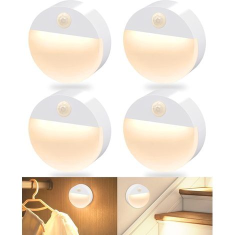 Lot de 4 lampes d'escalier LED à détecteur de mouvement, alimentées par piles, adaptées aux couloirs, lumière blanche chaude. (1/5)