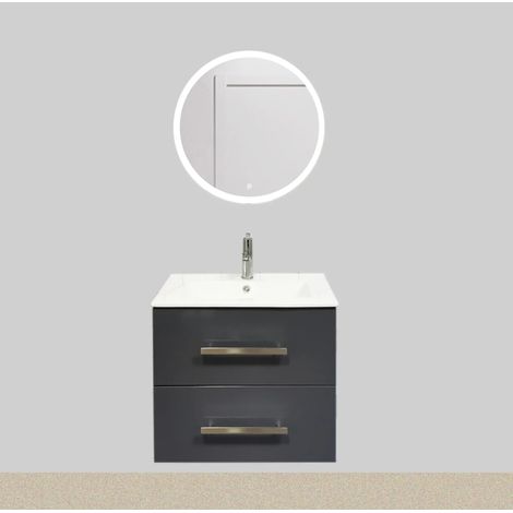 Meuble Salle deBains avec vasque/lavabo sous vasque suspendre Chania 60 Gris brillant, 1 Miroir Rond 60 avec LED (1/5)
