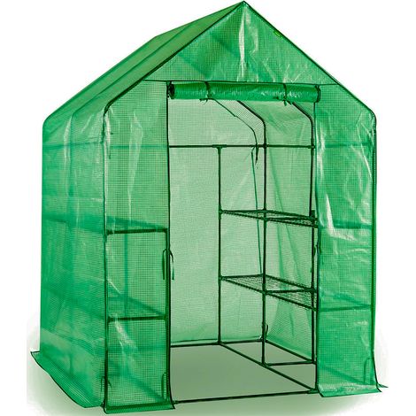 FLITI Garden Greenhouse on Legs with Shelves, Green PE Cover, Roll-Up Zipped Door, Reinforced Steel Frame, 143 x 73 x 193cm (1/5)
