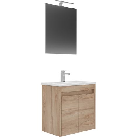 Conjunto Mueble LOVA Baño 2 puertas con Lavabo y Espejo Roble (1/5)