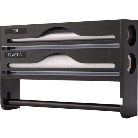 Srvillg Distributeur et découpeur de film, boîte de rangement pour rouleaux de cuisine, accessoire de rangement pour la pâtisserie, organisation de placards et garde-manger