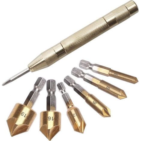 7 Pièces HSS Fraise à Chanfreiner 90° 5 Flûte avec Titane revêtu, Mèches Fraises Coniques à Tige Hexagonale avec Pointeau Automatique, Outils d’Ébavurage pour Bois Plastique 6/8/9/12/16/19 mm (1/4)