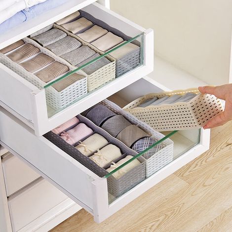 JANMIR-Lot de 6 organisateurs de tiroir pour sous-vêtements, pliables, lavables, pour chaussettes, soutiens-gorge et culottes. Convient pour soutiens-gorge, culottes, bas et foulards. Beige. (1/5)
