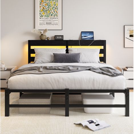 Letto 140x200 in metallo e legno con LED RGB, 2 porte USB, nero HAVRYA (1/5)