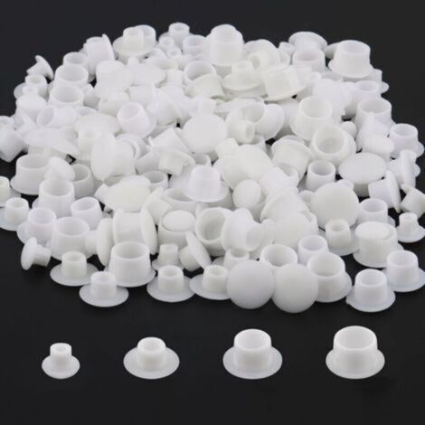 – Lot de 200 bouchons plastiques pour cache trou – 4 tailles 5/6/8/10mm – Finition blanche élégante – Pour meubles et étagères (1/4)