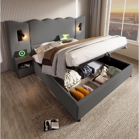 Polsterbett 160/200 cm grau aus Leinen mit Stauraum, Leselampe und USB-C (1/5)