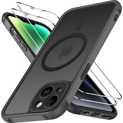 Custodia magnetica per iPhone 14, compatibile con MagSafe, 2 pellicole protettive in vetro temperato - Custodia antiurto con protezione di livello militare, cover antigraffio - Nera (1/5)