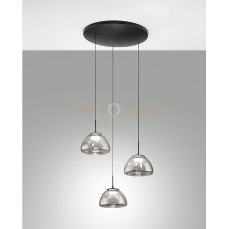 LUCILLE SOSPENSIONE FUME' 3 LUCI IN VETRO ATTACCO TONDO A LED CCT 2700K - 3000K - 4000K- 21W - 2250 lm DIMMERABILE