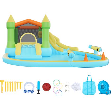 Mophorn Castello Gonfiabile per Bambini da Esterno 382 x 398 x 197 cm con Scivolo e Piscina, Area di Gioco Acquatica per 3-4 Bambini di Età 3–8 Anni, Capacità Massima 160 kg (1/5)