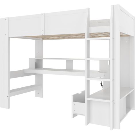 Hochbett Einzelbett mit Schreibtisch, Schublade, Regalen und LED 90×200 cm, ohne Matratze, Weiß (1/4)