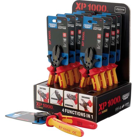 Draper 13616 XP1000 Counter Top Display of VDE 180mm 4-in-1 Tethered Combination Cutters (10 Piece)