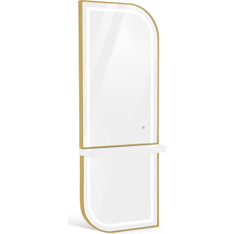BarberPub Wandspiegel mit Beleuchtung, Ganzkörperspiegel mit Aluminiumrahmen, Großer Spiegel mit Ablage, Touch-Schalter, 3 Lichtfarben Dimmbar, für Friseursalon, J6298 (Weiß-Gold)